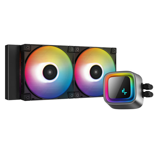 DeepCool LS520 Premium AiO Liquid CPU Cooler, Universal Socket, 240mm Radiator, PWM 2250RPM Cooling Fans, Addressable RGB LED Lighting, Fully Customizable Infinity Mirror Cap Design, Black Version - PC Gear UK