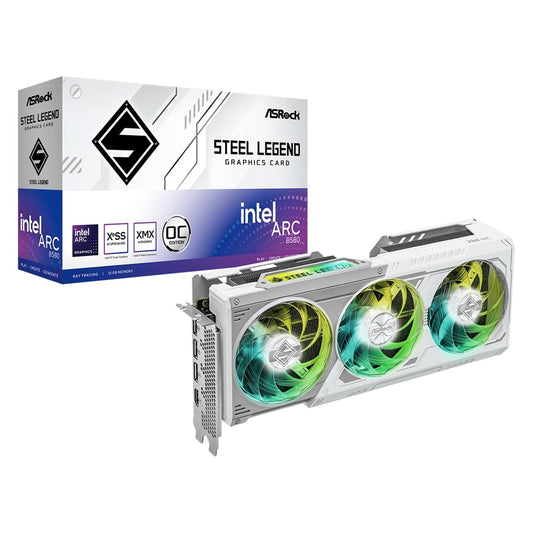 ASRock Intel Arc B580 Steel Legend OC 12GB GDDR6  Graphics Card, 2800 MHz Base Clock, Dual Fan, White, RGB, 3x DisplayPorts / 1x HDMI Port - PC Gear UK