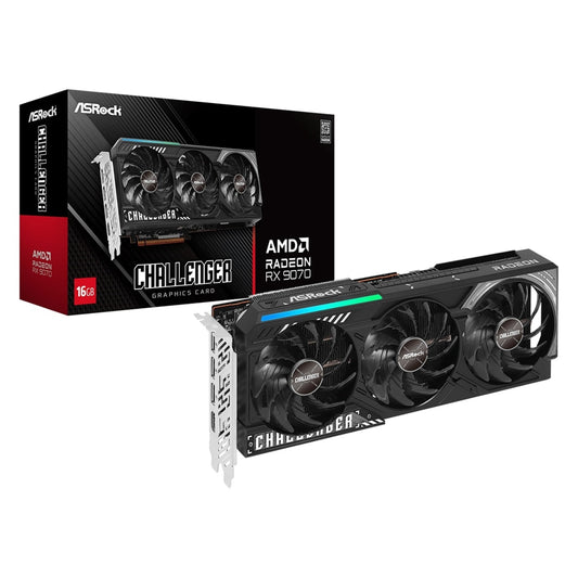 ASRock AMD Radeon RX 9070 Challenger OC 16GB GDDR6 Graphics Card, 3584 Streams, 2520 MHz Boost Clock, Triple Fan, RGB, 3x DisplayPorts / 1x HDMI Port - PC Gear UK