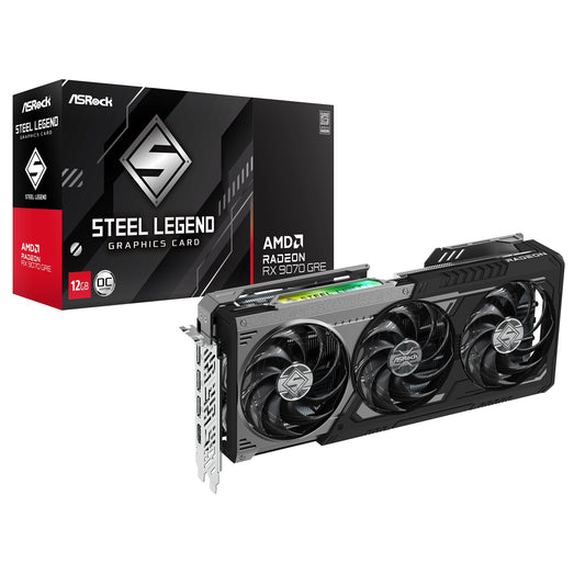 ASRock AMD Radeon RX 9070 GRE Steel Legend Dark OC 12GB GDDR6 Graphics Card, 3072 Streams, 2340MHz Core Clock, Triple Fan, 3x DisplayPorts / 1x HDMI Port