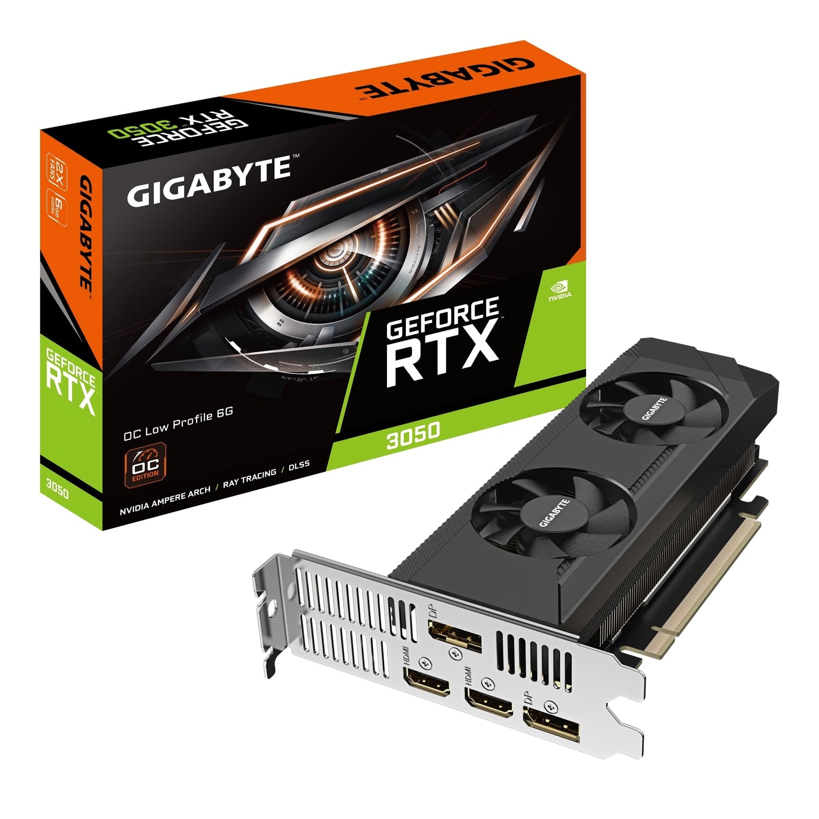Gigabyte NVIDIA GeForce RTX 3050 OC Low Profile 6GB GDDR6 Graphics Card, 2304 CUDA Cores, 1477 MHz Core Clock, Dual Fan, 2x DisplayPorts / 2x HDMI Ports - PC Gear UK