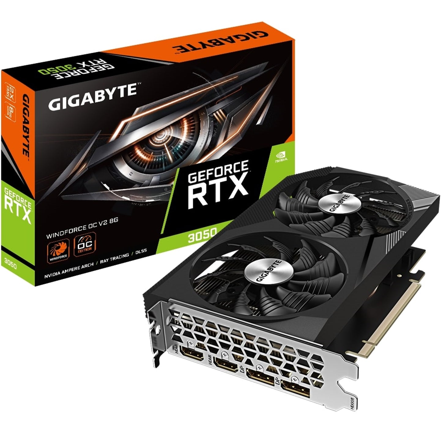 Gigabyte NVIDIA GeForce RTX 3050 WINDFORCE OC V2 8GB GDDR6 Graphics Card, 2560 CUDA Cores, 1792 MHz Core Clock, Dual Fan, 2x DisplayPorts / 2x HDMI