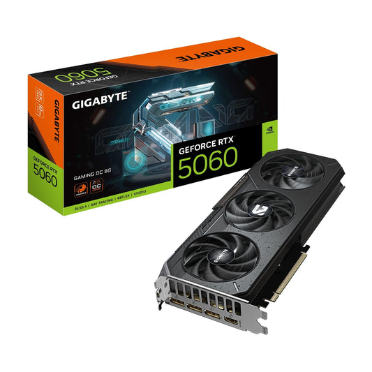 Gigabyte NVIDIA GeForce RTX 5060 Gaming OC 8GB GDDR7 Graphics Card, 3840 CUDA Cores, 2595 MHz Core Clock, Triple Fan, RGB, 3x DisplayPorts / 1x HDMI Ports - PC Gear UK