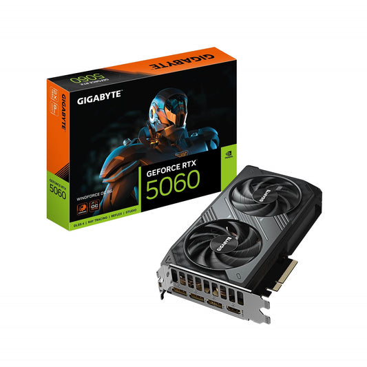 Gigabyte NVIDIA GeForce RTX 5060 WINDFORCE OC 8GB GDDR7 Graphics Card, 3840 CUDA Cores, 2512MHz Core Clock, Dual Fan, 1x DisplayPorts / 1x HDMI Ports - PC Gear UK