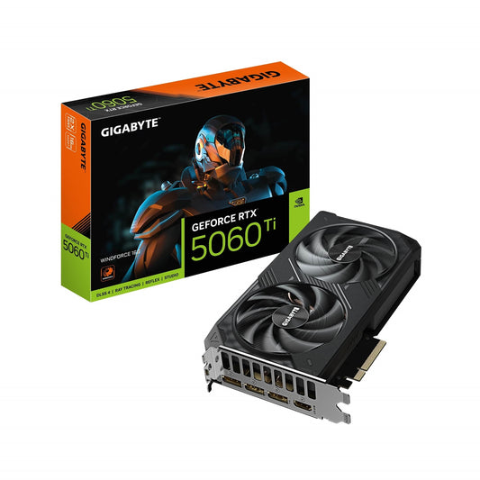 GeForce RTX 5060 Ti WINDFORCE 16GB GDDR7 Graphics Card, 4608 CUDA Cores, 2572 MHz Core Clock, Dual Fan, 3x DisplayPorts / 1x HDMI Port - PC Gear UK
