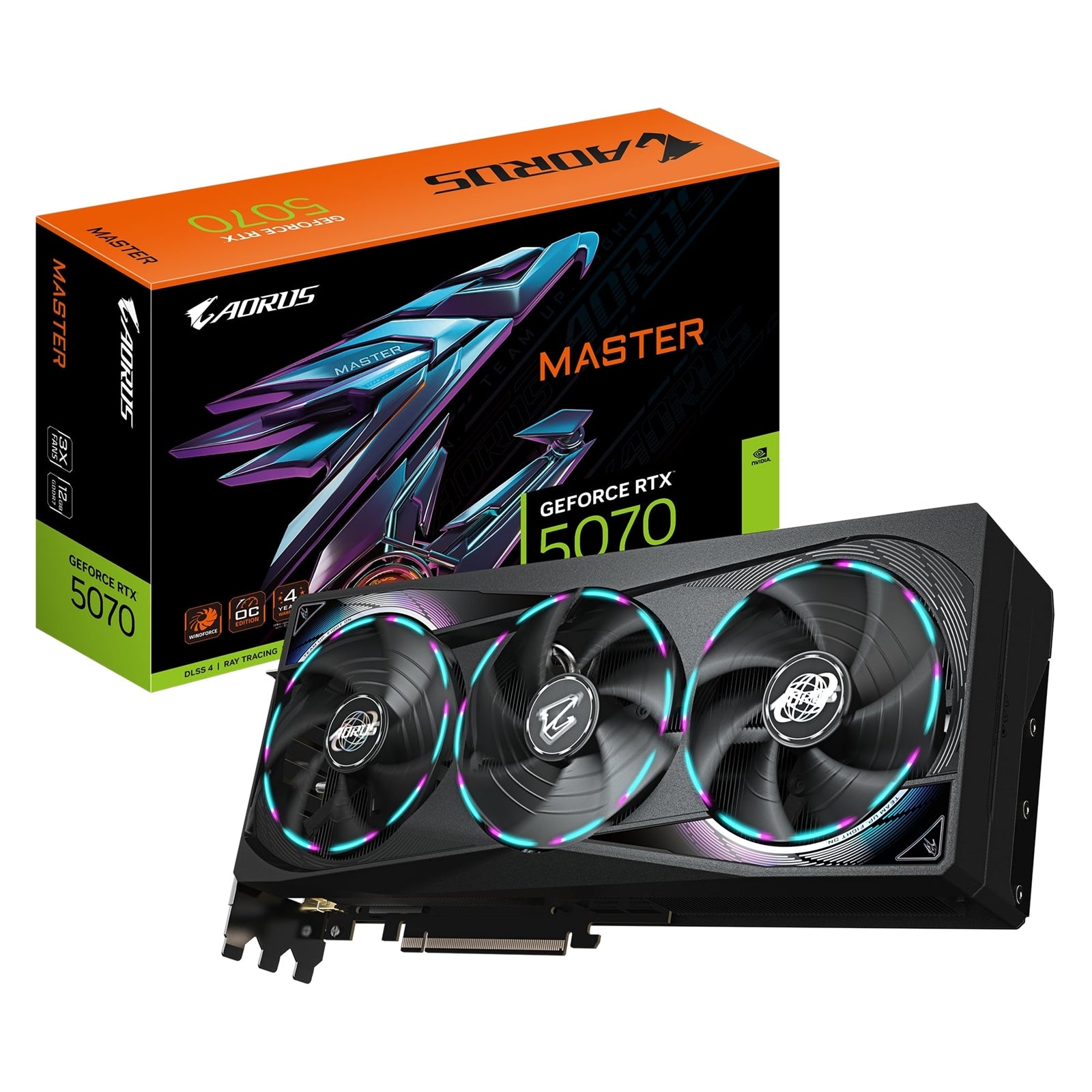 Gigabyte NVIDIA GeForce RTX 5070 AORUS MASTER 12GB GDDR7 Graphics Card, 6144 CUDA Cores, 2715 MHz Core Clock, Triple Fan, RGB, 3x DisplayPorts / 1x HDMI Port - PC Gear UK
