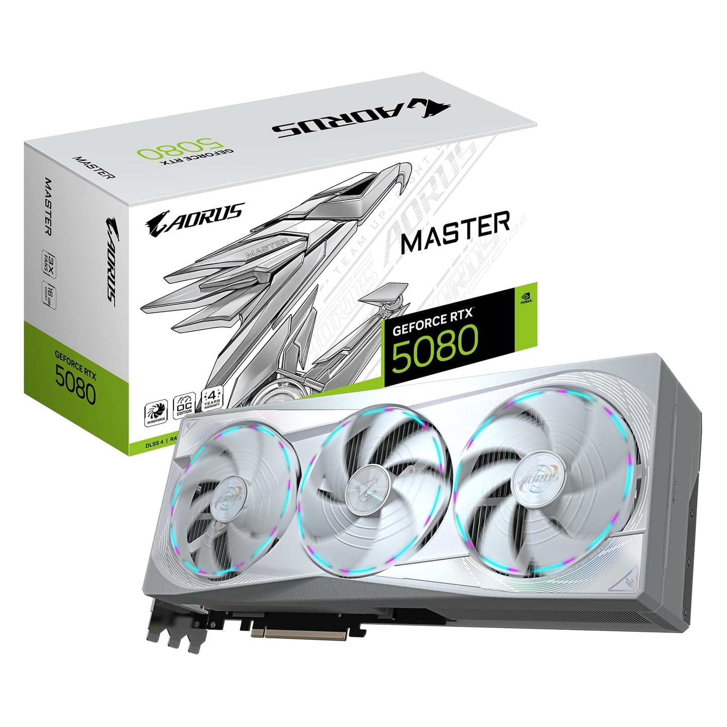 Gigabyte NVIDIA GeForce RTX 5080 AORUS MASTER ICE 16GB GDDR7 Graphics Card, 10752 CUDA Cores, 2805 MHz Core Clock, Triple Fan, White, RGB, 3x DisplayPorts / 1x HDMI Port - PC Gear UK
