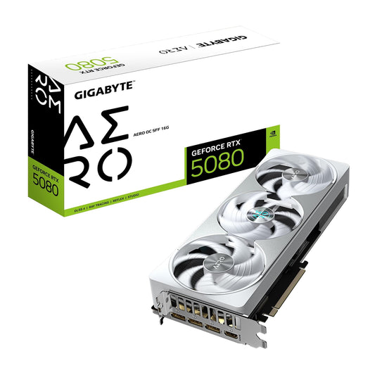 Gigabyte NVIDIA GeForce RTX 5080 AERO OC SFF 16GB GDDR7 Graphics Card, 10752 CUDA Cores, 2730 MHz Core Clock, Triple Fan, White, RGB, 3x DisplayPorts / 1x HDMI Por - PC Gear UK