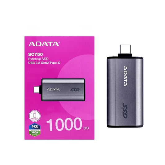 ADATA SC750 (SC750-1000G-CCBK) 1TB USB-C Portable SSD USB 3.2 Gen 2 Up to 1000 MB/s Black Titanium Compatible with Windows, iOS, Android, PlayStation, XBox & Handheld Consoles - PC Gear UK