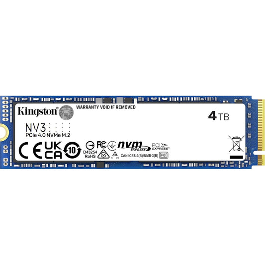 Kingston NV3 (SNV3S/4000G) 4TB NVMe SSD, M.2 Interface, PCIe Gen4, 2280, Read 6000 MB/s, Write 5000 MB/s, 3 Year Warranty - PC Gear UK
