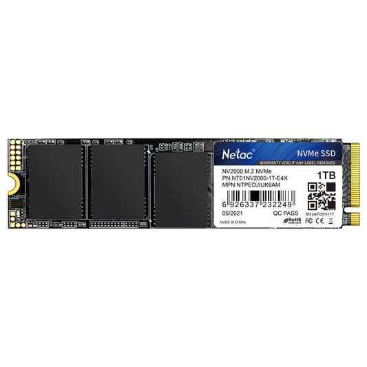 NETAC NV2000 (NT01NV2000-1T0-E4X) 1TB NVMe SSD, M.2 Interface, PCIe Gen3, 2280, Read 2500MB/s, Write 2100MB/s, 5 Year Warranty - PC Gear UK