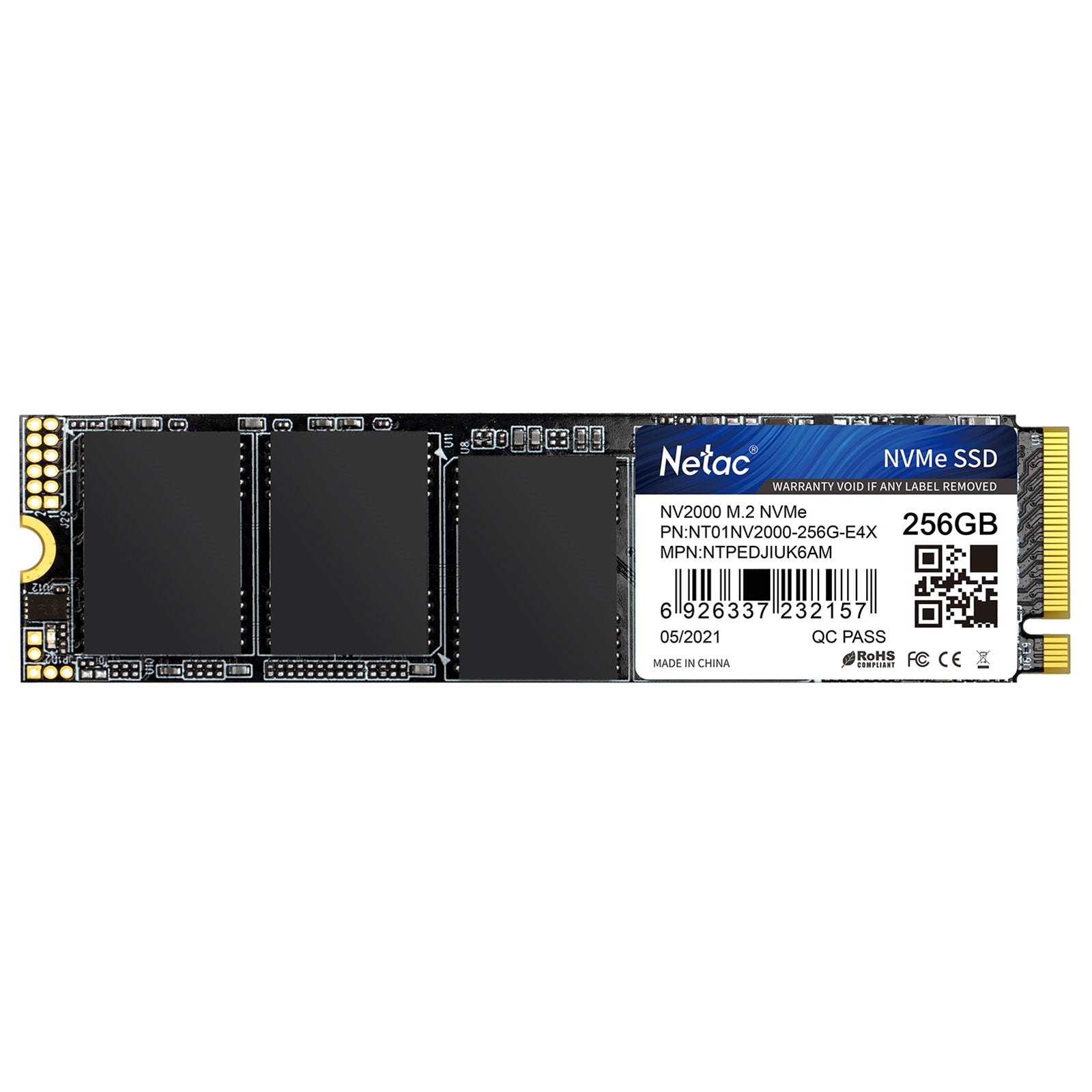 NETAC NV2000 (NT01NV2000-256-E4X) 256GB NVMe SSD, M.2 Interface, PCIe Gen3, 2280 SSD, Read 2500MB/s, Write 1000MB/s, 5 Year Warranty - PC Gear UK