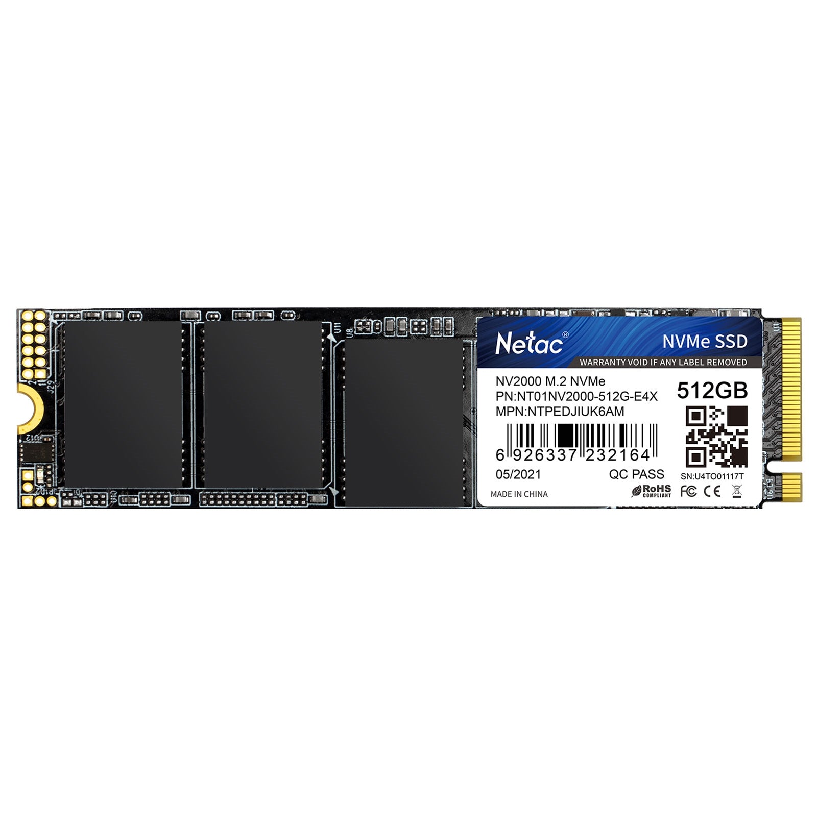 NETAC NV2000 (NT01NV2000-512-E4X) 512GB NVMe SSD, M.2 Interface, PCIe Gen3, 2280, Read 2500MB/s, Write 1900MB/s, 5 Year Warranty - PC Gear UK