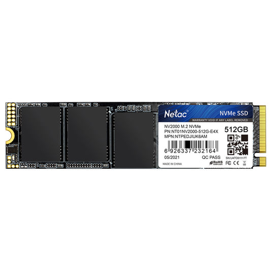NETAC NV2000 (NT01NV2000-512-E4X) 512GB NVMe SSD, M.2 Interface, PCIe Gen3, 2280, Read 2500MB/s, Write 1900MB/s, 5 Year Warranty - PC Gear UK