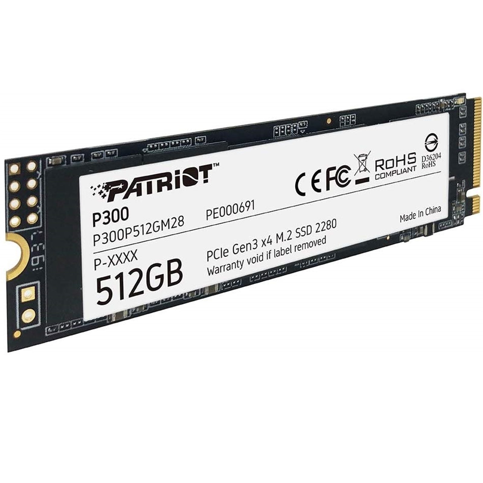 Patriot P300 (P300P512GM28) 512GB NVMe SSD, M.2 Interface, PCIe Gen3, 2280, Read 1700MB/s, Write 1100MB/s, 3 Year Warranty - PC Gear UK