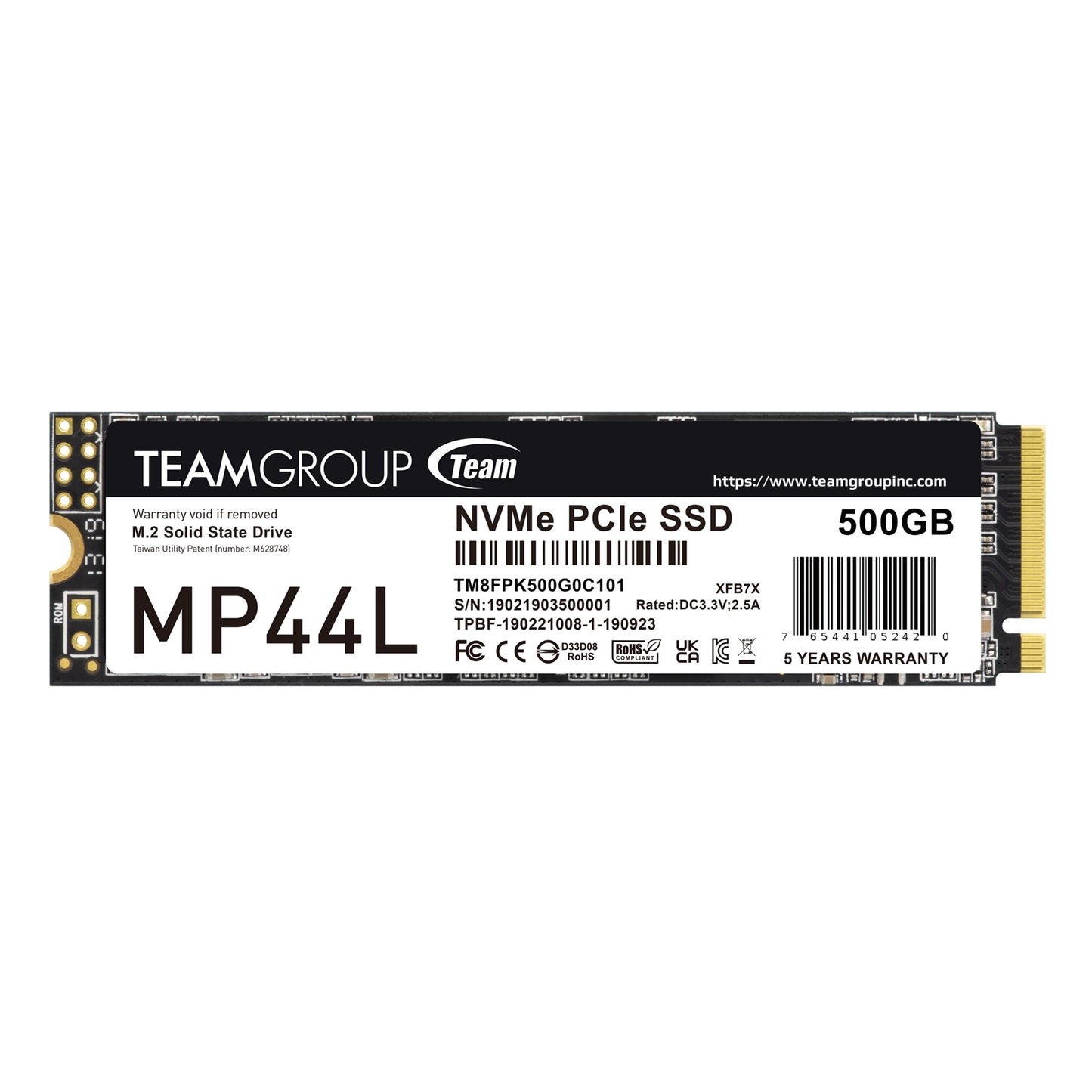 Team MP44L (TM8FPK500G0C101) 500GB NVMe SSD, PCIe Gen4, M.2 Interface, 2280, Read 5000 MB/s, Write 3700 MB/s, 5 Year Warranty, M.2 2280