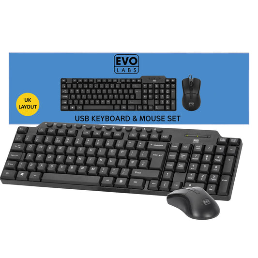 Evo Labs CM-501UK Wired Multimedia Keyboard and Mouse Combo Set, USB Plug and Play, Full Size Qwerty UK Layout Keyboard with Optical Sensor Mouse, Ideal for Home or Office, Black - PC Gear UK
