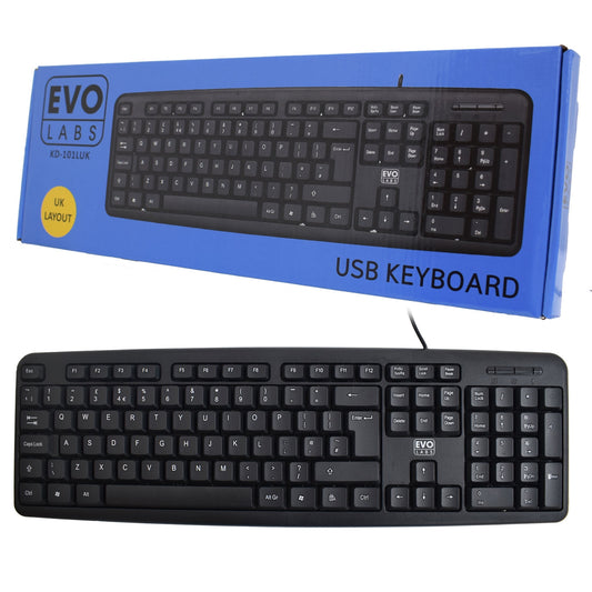 Evo Labs KD-101LUK Wired Keyboard, USB Plug and Play, Full Size, Qwerty UK Layout, Ideal for Home or Office, Black - PC Gear UK