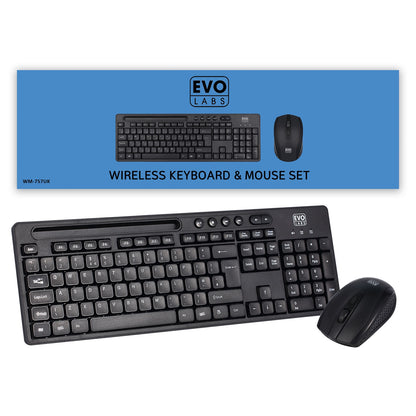 Evo Labs WM-757UK Wireless Keyboard and Mouse Combo Set, With Integrated Tablet/ Mobile/ Smartphone Stand, 2.4GHz Full Size Qwerty UK Layout Keyboard with Wireless Mouse, Ideal for Home/Office, Black - PC Gear UK