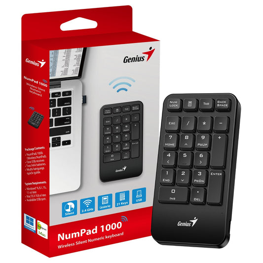 Genius NumPad 1000 2.4GHz Wireless Numeric Keypad Portable Numberpad with Palm Rest - PC Gear UK