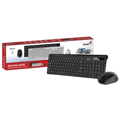 Genius SlimStar 8230 Bluetooth 5.3 and 2.4GHz Wireless Keyboard and Mouse Set, 12 Multimedia Function Keys, Full Size UK Layout, Optical Sensor Mouse, 1200dpi, Connect up to 3 devices simultaneously - PC Gear UK