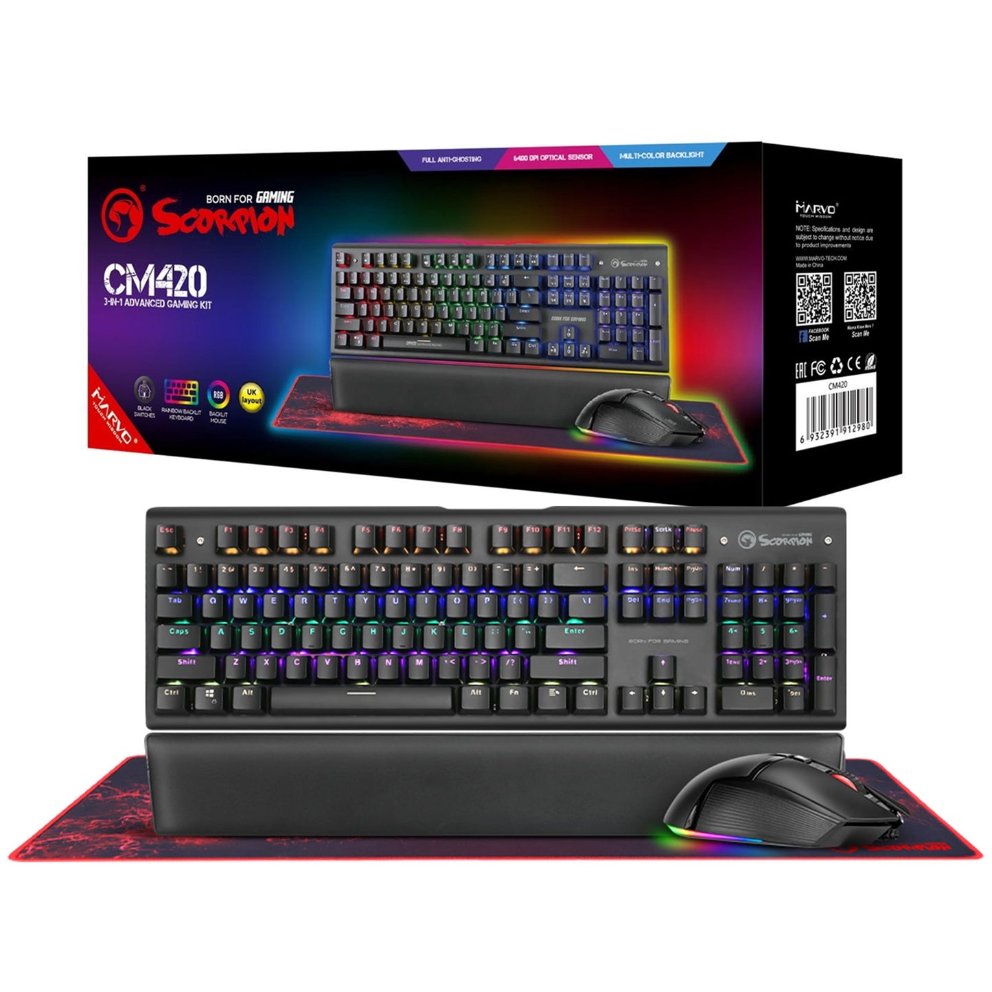 Marvo Scorpion CM420-UK 3-in-1 RGB Mechanical Keyboard, Mouse and Mouse Pad Gaming Bundle - PC Gear UK