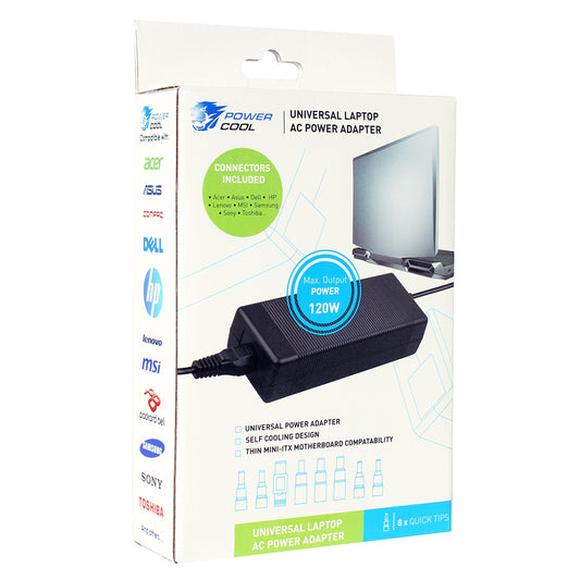 Powercool 120W 19.5V 6.15A Universal Laptop AC Adapter - Charger With 8 TIPS - PC Gear UK