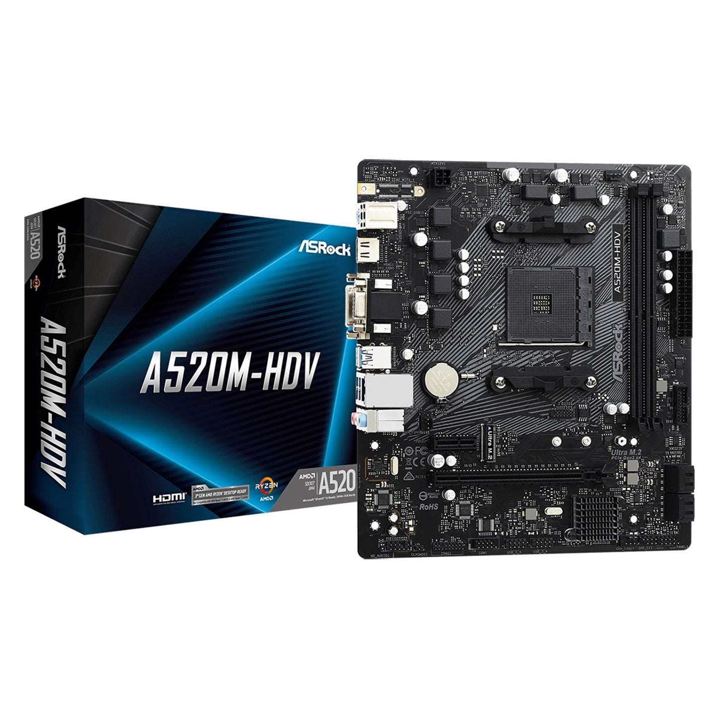 ASRock, ASRock A520M-HDV Super Alloy AMD AM4 Socket Motherboard, Micro-ATX, 2x DDR4 Slots, 1x M.2 Socket, GbE LAN, 1x D-Sub / 1x DVI-D / 1x HDMI Port, AMD A520, Micro ATX Form Factor: 9.0-in x 7.9-in, 23.0 cm x 20.1 cmSolid Capacitor design