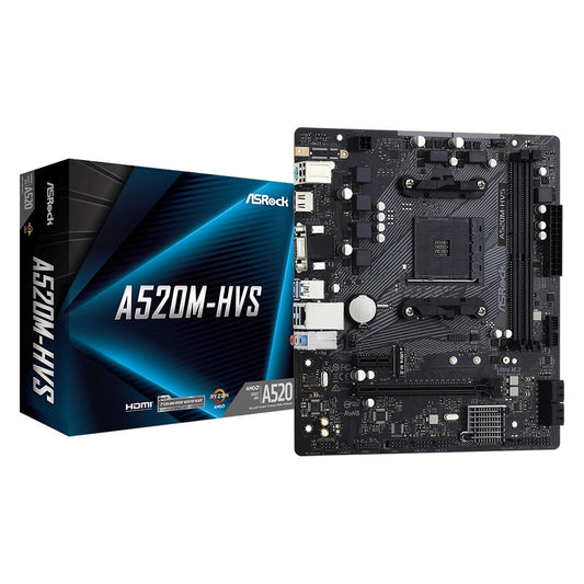 ASRock A520M-HVS Super Alloy AMD AM4 Socket Motherboard, Micro-ATX, 2x DDR4 Slots, 1x M.2 Socket, GbE LAN, 1x D-Sub / 1x HDMI Port - PC Gear UK
