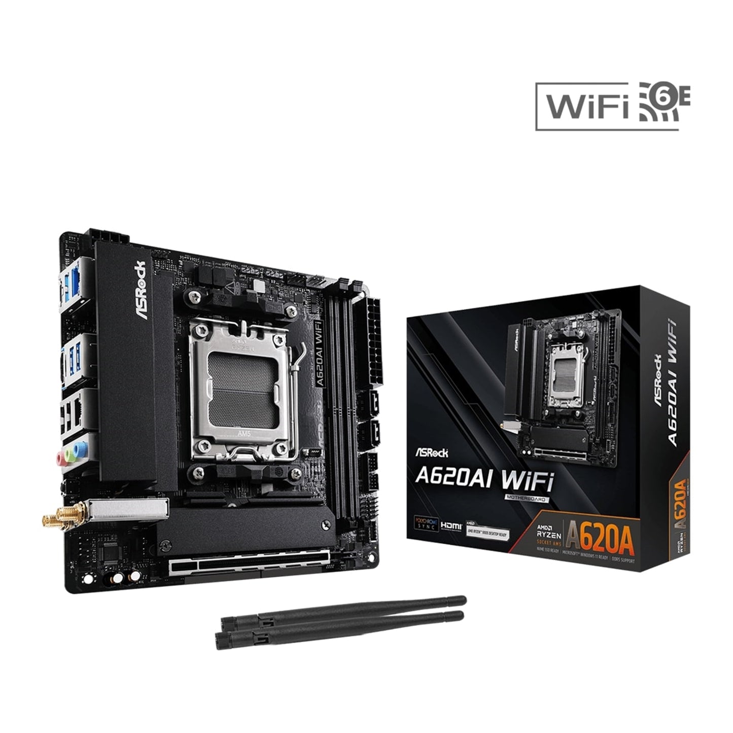 ASRock, ASRock A620AI WIFI AMD AM5 Socket Motherboard, Mini-ITX, 2x DDR5 Slots, 2x M.2 Socket, 2.5GbE LAN, Wi-Fi 6E, 1x HDMI Port, AMD A620A, Mini-ITX Form Factor: 6.7-in x 6.7-in, 17.0 cm x 17.0 cm8 Layer PCB
