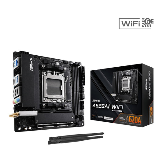 ASRock, ASRock A620AI WIFI AMD AM5 Socket Motherboard, Mini-ITX, 2x DDR5 Slots, 2x M.2 Socket, 2.5GbE LAN, Wi-Fi 6E, 1x HDMI Port, AMD A620A, Mini-ITX Form Factor: 6.7-in x 6.7-in, 17.0 cm x 17.0 cm8 Layer PCB