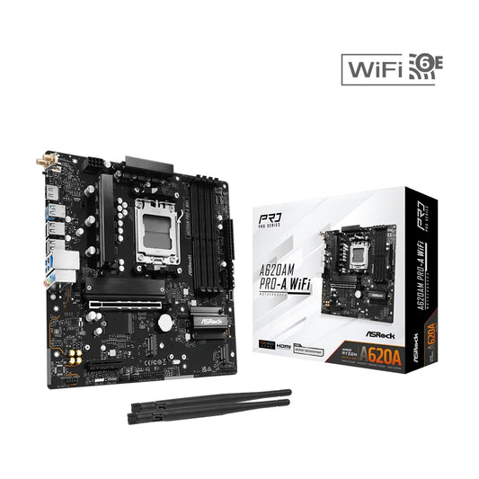 ASRock, ASRock A620AM PRO-A WIFI AMD Socket AM5 Motherboard, 4 x DDR5 Slots, 3x M.2 Socket, 2.5GbE LAN, Wi-Fi 6E, 1x HDMI Port, AMD A620A, Micro ATX Form Factor: 9.6-in x 9.6-in, 24.4 cm x 24.4 cm
