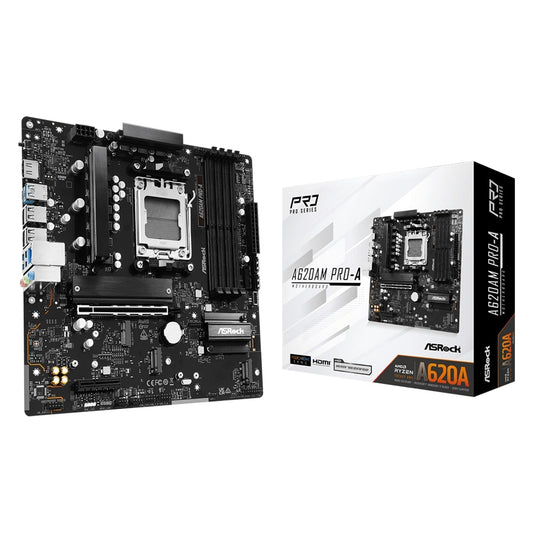 ASRock, ASRock A620AM PRO-A AMD Socket AM5 Motherboard, 4x DDR5 Slots, 3x M.2 Socket, 2.5GbE LAN, 1x HDMI Port, AMD A620A, Micro ATX Form Factor: 9.6-in x 9.6-in, 24.4 cm x 24.4 cm