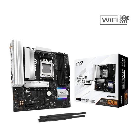 ASRock, ASRock A620AM Pro RS WiFi AMD Socket AM5 Motherboard, 4x DDR5 Slots, 3x M.2 Socket, 2.5GbE LAN, Wi-Fi 6E, 1x HDMI Port / 1x DisplayPort, AMD A620A, Micro ATX Form Factor: 9.6-in x 9.6-in, 24.4 cm x 24.4 cm