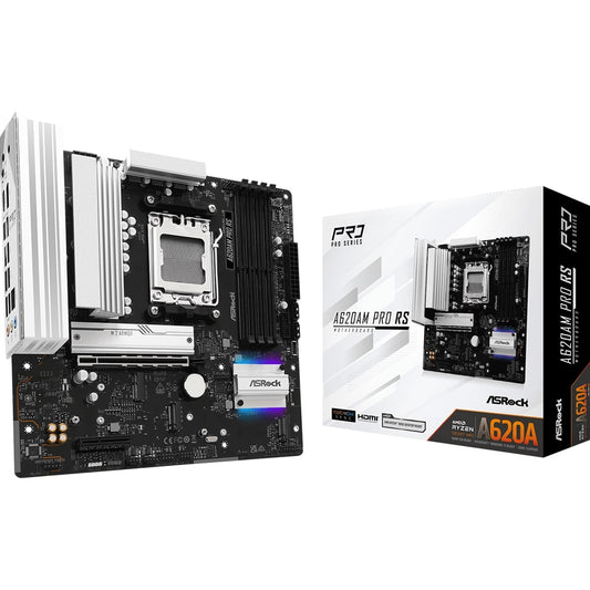 ASRock, ASRock A620AM PRO RS AMD Socket AM5 Motherboard, 4x DDR5 Slots, 3x M.2 Socket, 2.5GbE LAN, 1x HDMI Port/ 1x DisplayPort, AMD A620A, - Micro ATX Form Factor: 9.6-in x 9.6-in, 24.4 cm x 24.4 cm