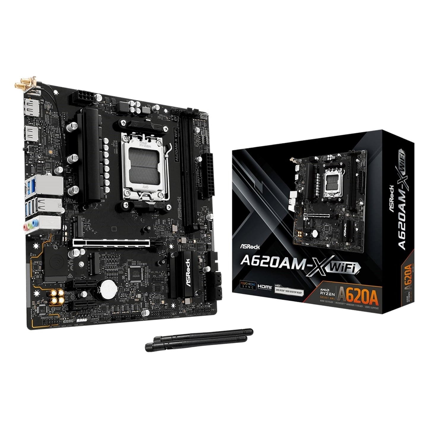 ASRock, ASRock A620AM-X WIFI AMD AM5 Socket Motherboard, 2x DDR5 Slots, 2x M.2 Socket, 2.5GbE LAN, Wi-Fi 5, 1x HDMI Port / 1x DisplayPort, AMD A620A, Micro ATX Form Factor: 9.6-in b 8.9-in, 24.4 cm x 22.6 cm