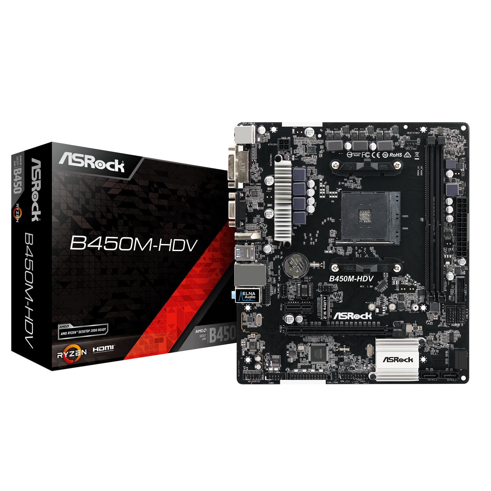 ASRock B450M-HDV R4.0 Super Alloy AMD AM4 Socket Motherboard, Micro-ATX, 2x DDR4 Slots, 1x M.2 Socket, GbE LAN, 1x D-Sub / 1x DVI-D / 1x HDMI Port - PC Gear UK