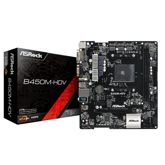 ASRock B450M-HDV R4.0 Super Alloy AMD AM4 Socket Motherboard, Micro-ATX, 2x DDR4 Slots, 1x M.2 Socket, GbE LAN, 1x D-Sub / 1x DVI-D / 1x HDMI Port - PC Gear UK
