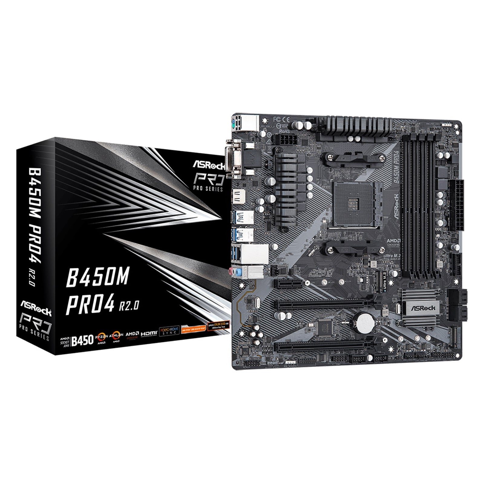 ASRock B450M Pro4 R2.0 Super Alloy AMD AM4 Socket Motherboard, Micro-ATX, 4x DDR4 Slots, 2x M.2 Sockets, GbE LAN, 1x D-Sub / 1x DVI-D / 1x HDMI Port - PC Gear UK