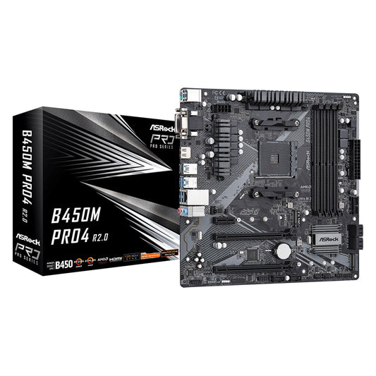 ASRock B450M Pro4 R2.0 Super Alloy AMD AM4 Socket Motherboard, Micro-ATX, 4x DDR4 Slots, 2x M.2 Sockets, GbE LAN, 1x D-Sub / 1x DVI-D / 1x HDMI Port - PC Gear UK
