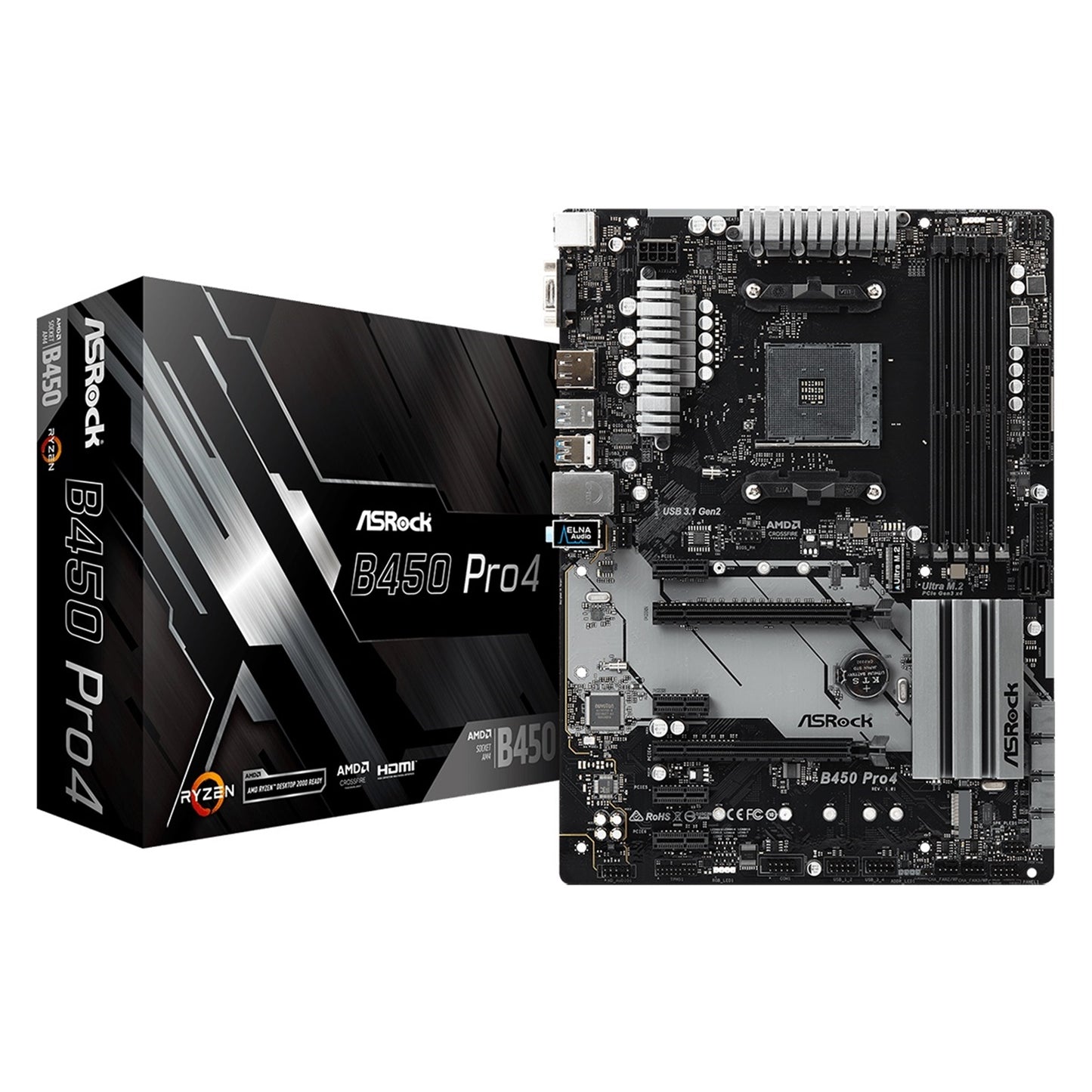 ASRock, ASRock B450 Pro4 R2.0 Super Alloy AMD AM4 Socket Motherboard, ATX, 4x DDR4 Slots, 2x M.2 Sockets, GbE LAN, 1x D-Sub / 1x DisplayPort / 1x HDMI Port, AMD Promontory B450, ATX Form Factor: 12.0-in x 8.8-in, 30.5 cm x 22.4 cm