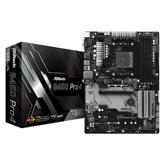 ASRock, ASRock B450 Pro4 R2.0 Super Alloy AMD AM4 Socket Motherboard, ATX, 4x DDR4 Slots, 2x M.2 Sockets, GbE LAN, 1x D-Sub / 1x DisplayPort / 1x HDMI Port, AMD Promontory B450, ATX Form Factor: 12.0-in x 8.8-in, 30.5 cm x 22.4 cm