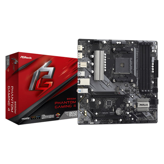 ASRock, ASRock B550M Phantom Gaming 4 AMD AM4 Socket Motherboard, Micro-ATX, 4x DDR4 Slots, 2x M.2 Sockets, GbE LAN, 1x DisplayPort / 1x HDMI Port, AMD B550, Micro ATX Form Factor: 9.6-in x 9.6-in, 24.4 cm x 24.4 cmSolid Capacitor design2oz Copper PCB