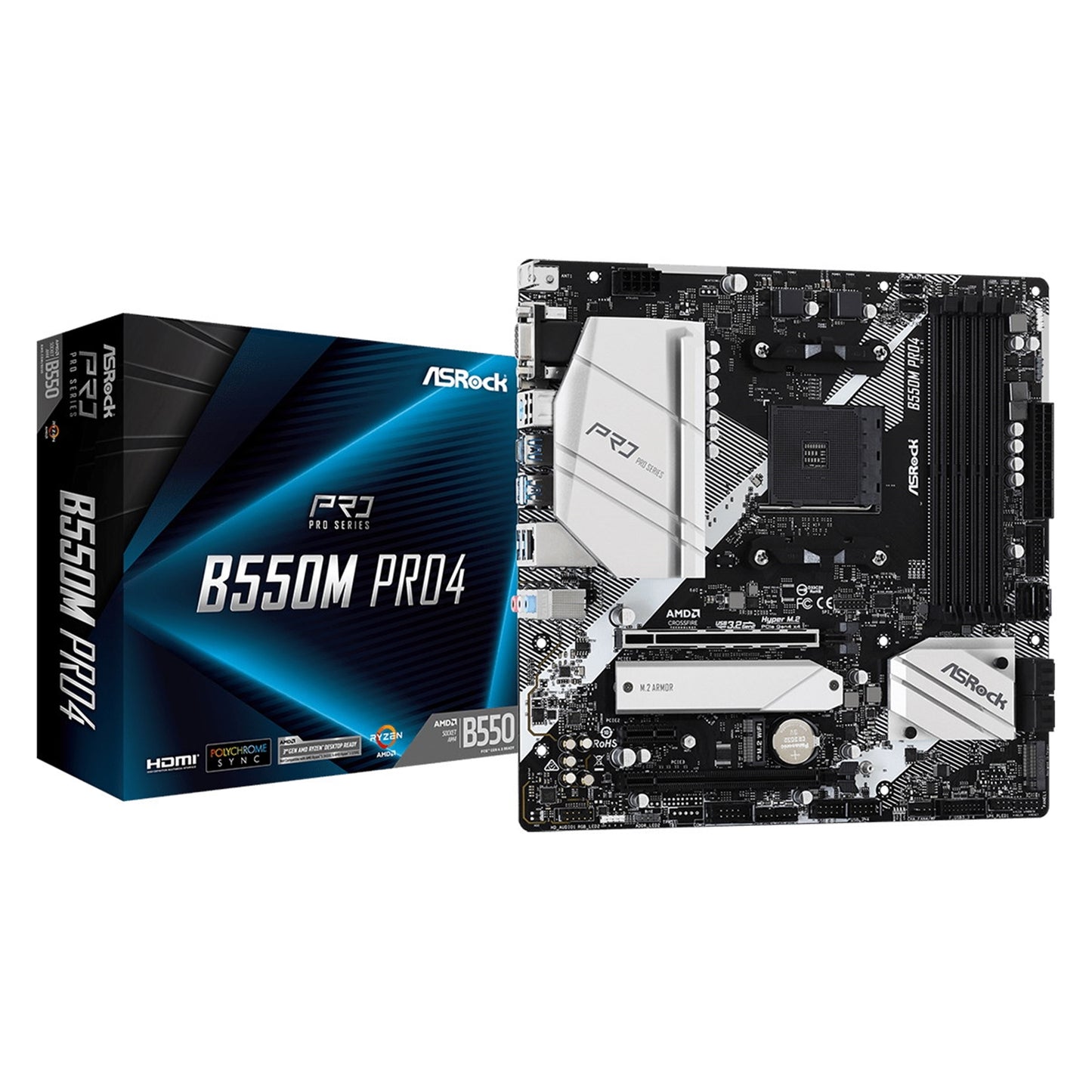 ASRock, ASRock B550M Pro4 AMD AM4 Socket Motherboard, Micro-ATX, 4x DDR4 Slots, 2x M.2 Sockets, GbE LAN, 1x D-Sub / 1x DisplayPort / 1x HDMI Port, AMD B550, Micro ATX Form Factor: 9.6-in x 9.6-in, 24.4 cm x 24.4 cmSolid Capacitor design2oz Copper PCB