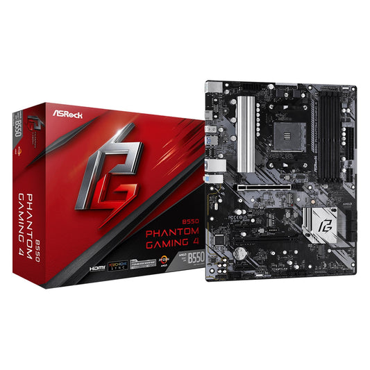 ASRock, ASRock B550 Phantom Gaming 4 Super Alloy AMD AM4 Socket Motherboard, ATX, 4x DDR4 Slots, 2x M.2 Sockets, GbE LAN, 1x HDMI Port, AMD B550, ATX Form Factor: 12.0-in x 9.6-in, 30.5 cm x 24.4 cmSolid Capacitor design2oz Copper PCB