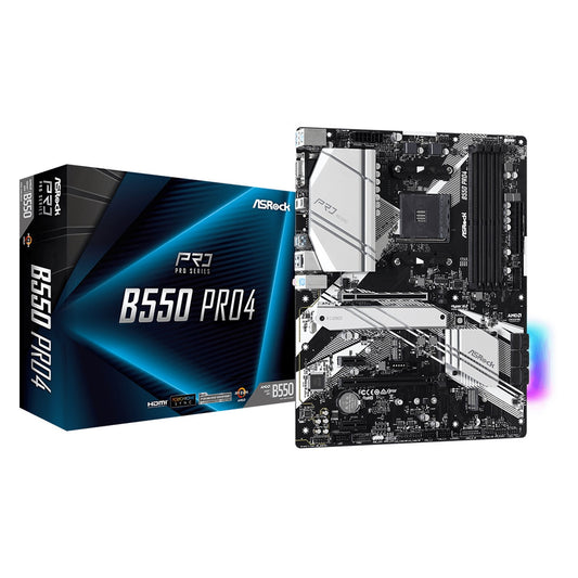 ASRock, ASRock B550 Pro4 AMD AM4 Socket Motherboard, ATX, 4x DDR4 Slots, 2x M.2 Sockets, GbE LAN, 1x D-Sub / 1x HDMI Port, AMD B550, ATX Form Factor: 12.0-in x 9.6-in, 30.5 cm x 24.4 cmSolid Capacitor design2oz Copper PCB