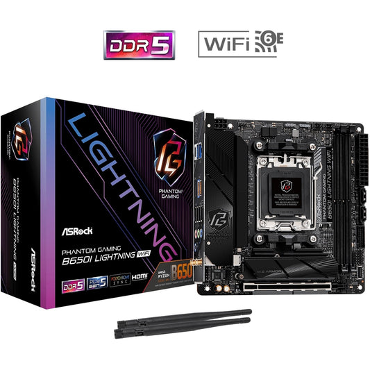 ASRock B650I LIGHTNING WIFI AMD AM5 Socket Motherboard, Mini-ITX, 2x DDR5 Slots, 2x M.2 Sockets, 2x USB-C Port, Fitted I/O Shield, 2.5GbE LAN, Wi-Fi 6E, 1x HDMI Port - PC Gear UK