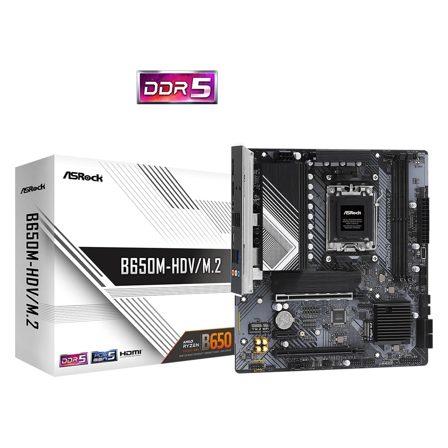 ASRock, ASRock B650M-HDV/M.2 AMD AM5 Socket Motherboard, Micro-ATX, 2x DDR5 Slots, 2x M.2 Sockets, Fitted I/O Shield, 2.5GbE LAN, 1x DisplayPort / 1x HDMI Port, AMD B650, Micro ATX Form Factor: 9.6-in x 8.9-in, 24.4 cm x 22.6 cm2oz Copper PCB