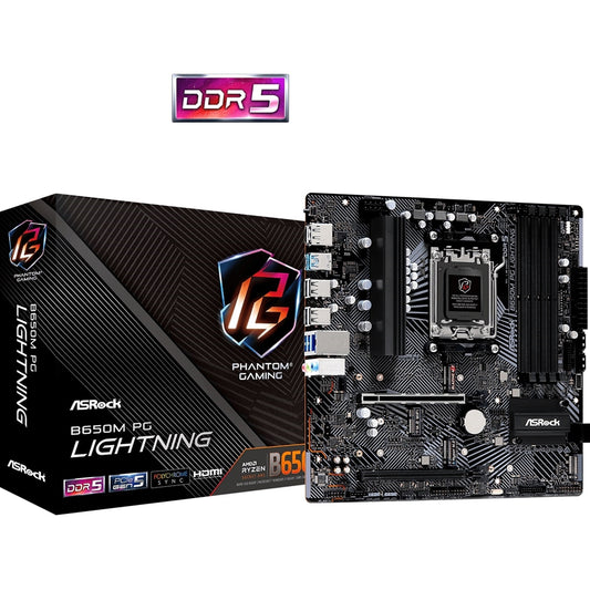 ASRock, ASRock B650M PG Lightning AMD AM5 Socket Motherboard, Micro-ATX, 4x DDR5 Slots, 3x M.2 Sockets, 1x USB-C Port, 2.5GbE LAN, 1x DisplayPort / 1x HDMI Port, AMD B650, Micro ATX Form Factor: 9.6-in x 9.6-in, 24.4 cm x 24.4 cm
