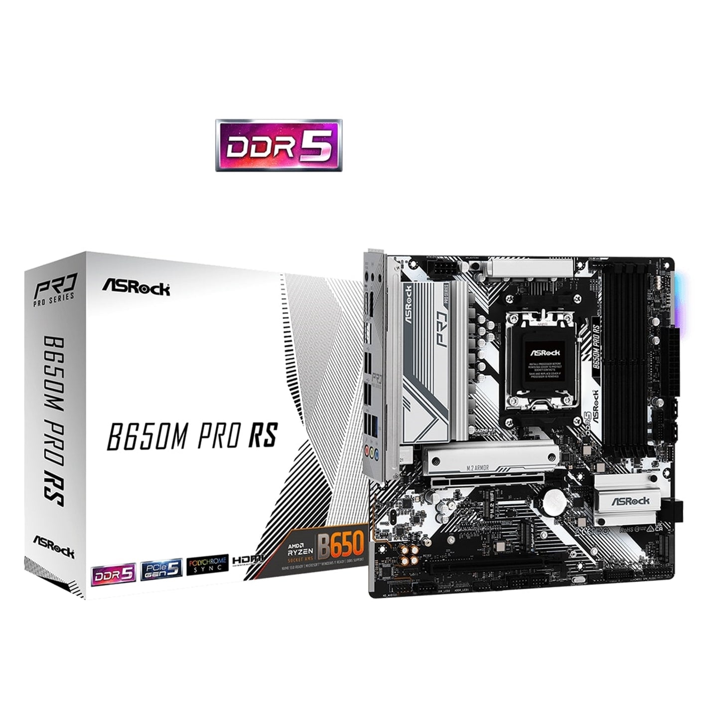 ASRock, ASRock B650M Pro RS AMD AM5 Socket Motherboard, Micro-ATX, 4x DDR5 Slots, 3x M.2 Sockets, Fitted I/O Shield, 2.5GbE LAN, 1x DisplayPort / 1x HDMI Port, AMD B650, Micro ATX Form Factor: 9.6-in x 9.6-in, 24.4 cm x 24.4 cm2oz Copper PCB